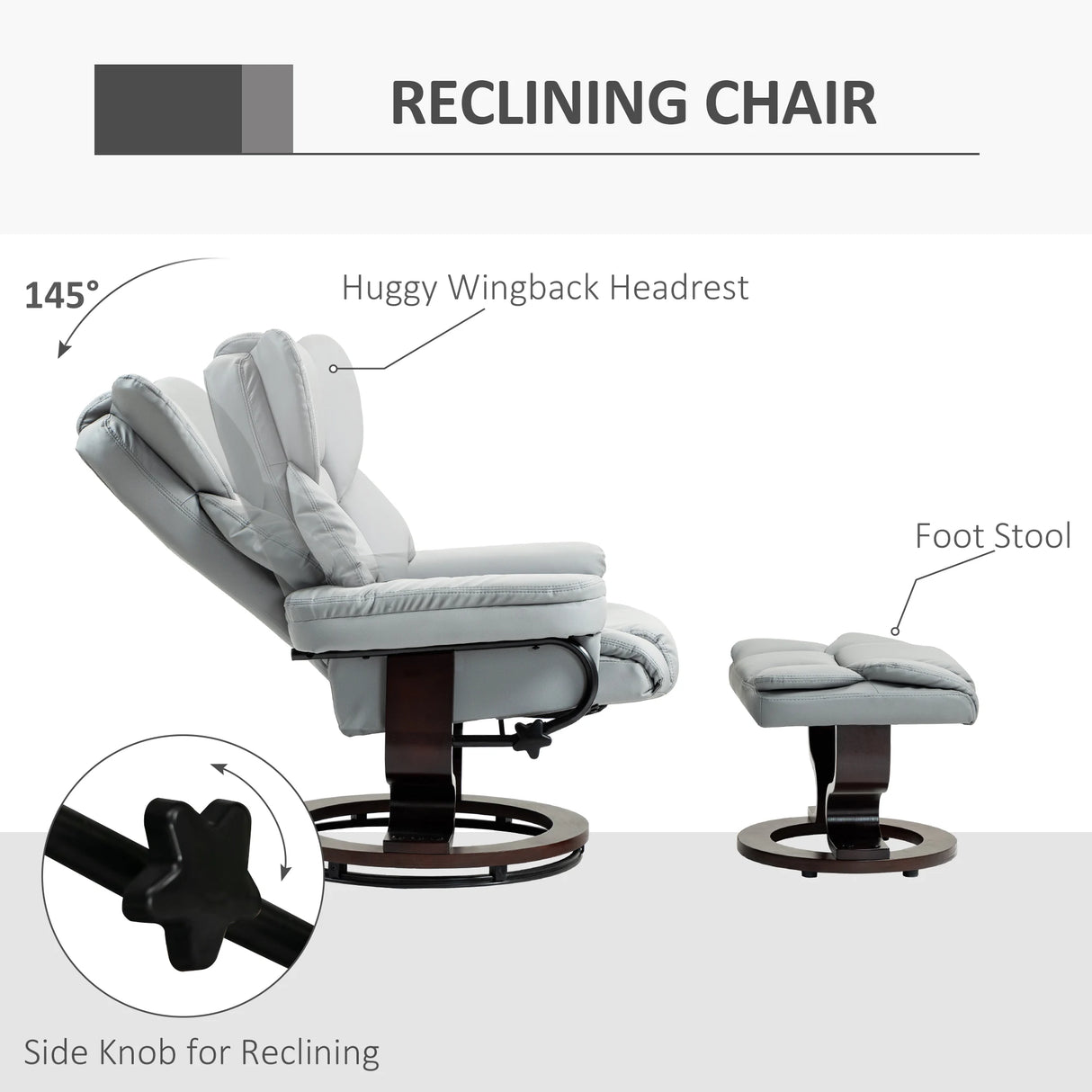 HOMCOM 360 Swivel Recliner Chair with Footstool, PU Leather Manual Recliner Armchair with Footstool, Solid Wood Base, Upholstered Reclining Chair for Living Room, Bedroom, Office, Light Grey