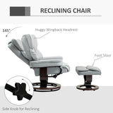 HOMCOM 360 Swivel Recliner Chair with Footstool, PU Leather Manual Recliner Armchair with Footstool, Solid Wood Base, Upholstered Reclining Chair for Living Room, Bedroom, Office, Light Grey