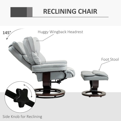 HOMCOM 360 Swivel Recliner Chair with Footstool, PU Leather Manual Recliner Armchair with Footstool, Solid Wood Base, Upholstered Reclining Chair for Living Room, Bedroom, Office, Light Grey