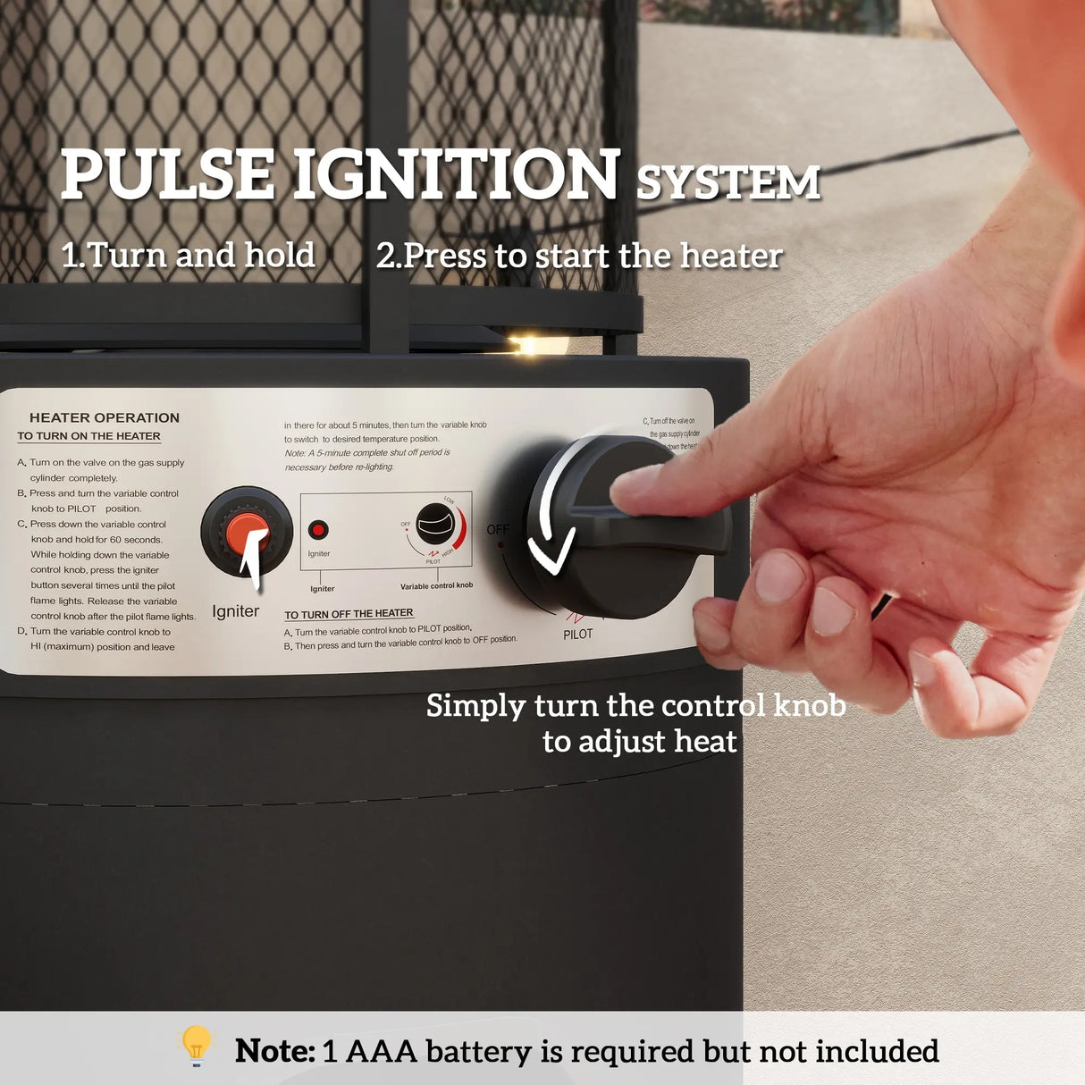 Outsunny 11 KW Freestanding Gas Patio Heater, Adjustable Outdoor Garden Propane Heater with Tip-Over Switch, Wheels, Pulse Ignition, Tank Room with Openable Door, Black