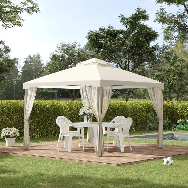 Outsunny 3 x 3 m Metal Gazebo, Garden Pavillion, Double Roof Outdoor Canopy Shelter with Mesh Sidewalls, Cream White