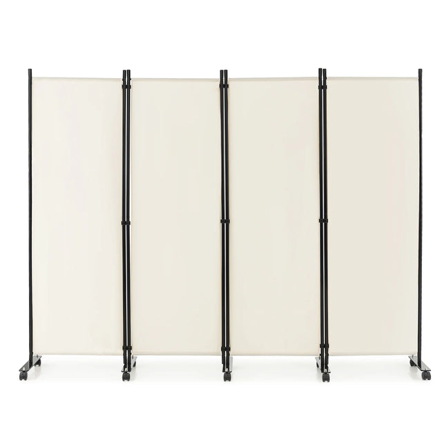 4-Panel Folding Room Divider 6 Feet Rolling Privacy Screen with Lockable Wheels-White