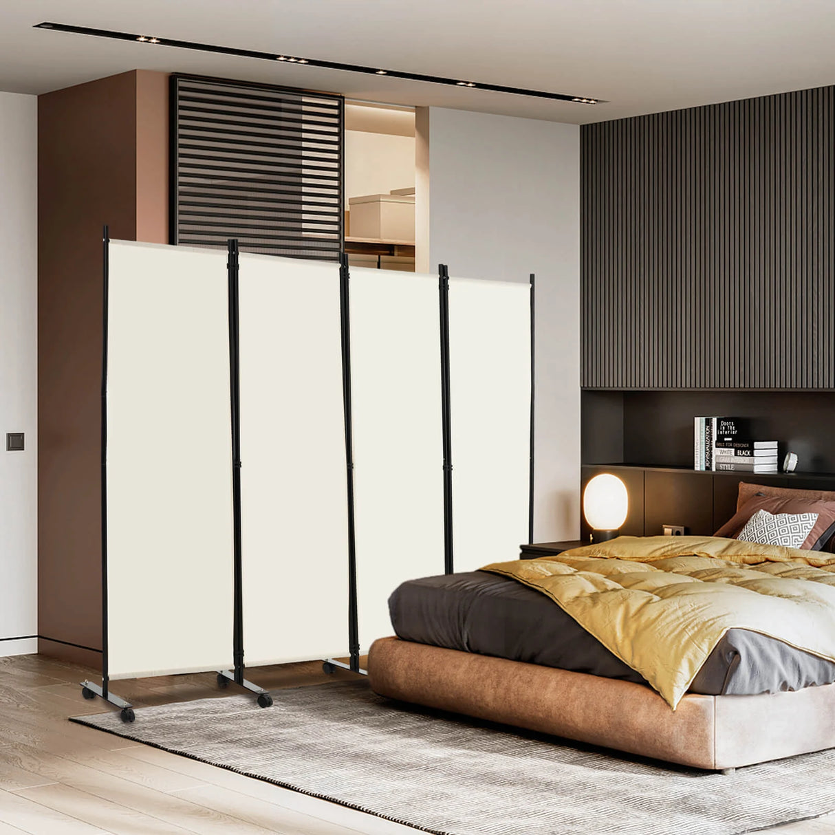 4-Panel Folding Room Divider 6 Feet Rolling Privacy Screen with Lockable Wheels-White