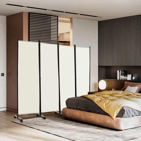 4-Panel Folding Room Divider 6 Feet Rolling Privacy Screen with Lockable Wheels-White