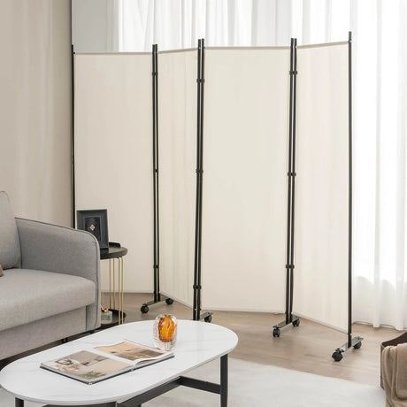 4-Panel Folding Room Divider 6 Feet Rolling Privacy Screen with Lockable Wheels-White