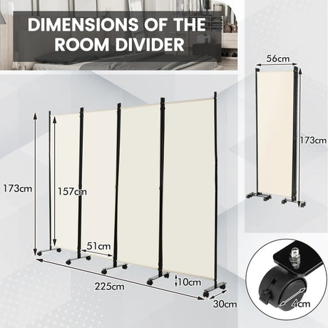 4-Panel Folding Room Divider 6 Feet Rolling Privacy Screen with Lockable Wheels-White