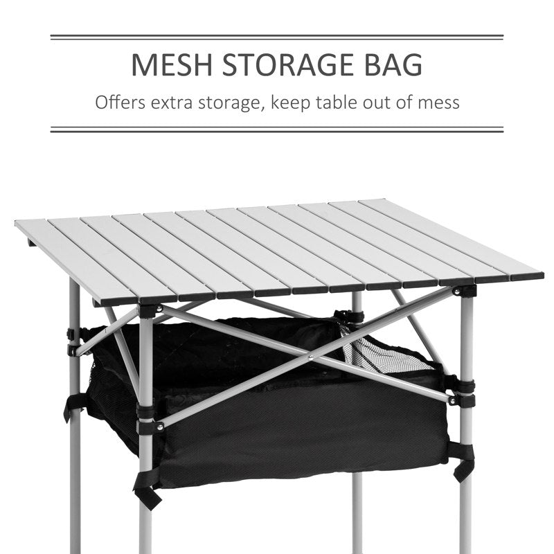 Outsunny Portable Camping Table w/ Mesh Bag & Steel Frame Hiking Furniture Desk, Silver Black