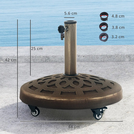 Outsunny 21kg Resin Garden Parasol Base with Wheels, Round Umbrella Stand, Heavy Duty Sun Umbrella Base for 32, 38, 48 mm Umbrella Poles for Deck Poolside, Bronze Tone