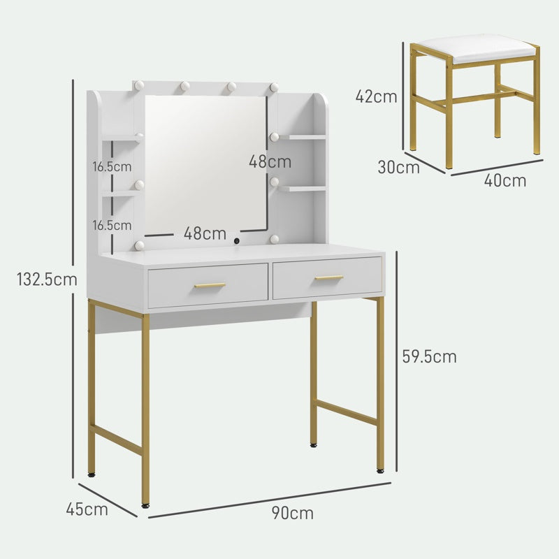 HOMCOM Dressing Table with Lighted Mirror, Cushioned Stool, Drawers, Shelves, LED Makeup Vanity Desk Set, Modern Dresser Vanity Table for Bedroom, White