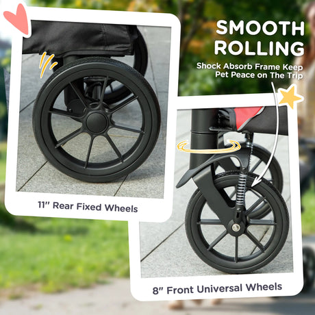 PawHut Foldable Pet Stroller for Large Dogs with Four Big Wheels, Shock-Absorbing Frame, Safety Leashes, Brakes, Red/Black
