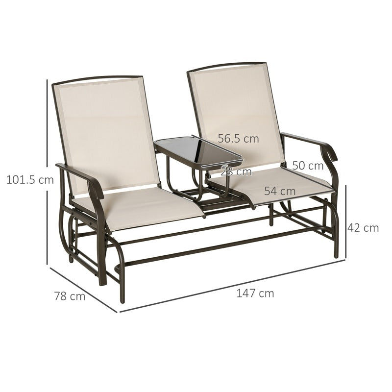 Outsunny 2 Seats Garden Glider Bench, Metal Frame Loveseat with Glass Top  Centre Table, Porch Rocking Glider for 2 Person, for Deck, Patio, Brown/ Khaki