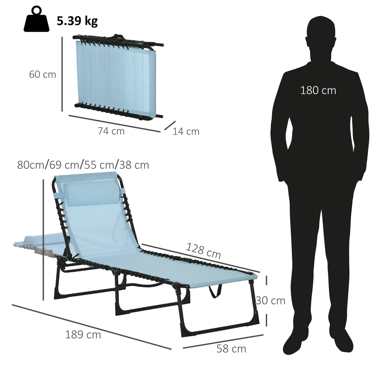 Outsunny Folding Sun Lounger Beach Chaise Chair Garden Cot Camping Recliner with 4 Position Adjustable, Baby Blue