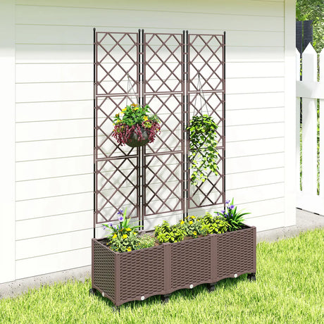 Outsunny Plastic Raised Planter with Trellis, Self Watering Raised Bed for Garden with Wheels, Drainage Holes and Plugs