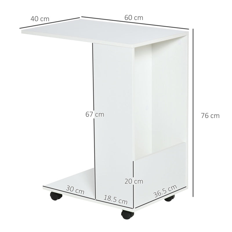 HOMCOM Mobile Sofa Side Table C-Shape End Table with Storage and Casters for Laptop Coffee Snack, White