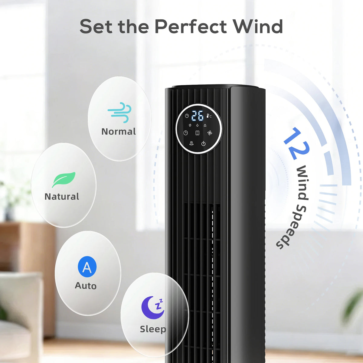 HOMCOM 28dB Tower Fan for Bedroom, 36 inch, 8 m/s Velocity Standing Cooling Fan with 80 Oscillating, BLDC Motor, 12 Speeds, LED Display, 4 Modes, 12H Timer, Remote Control, Black