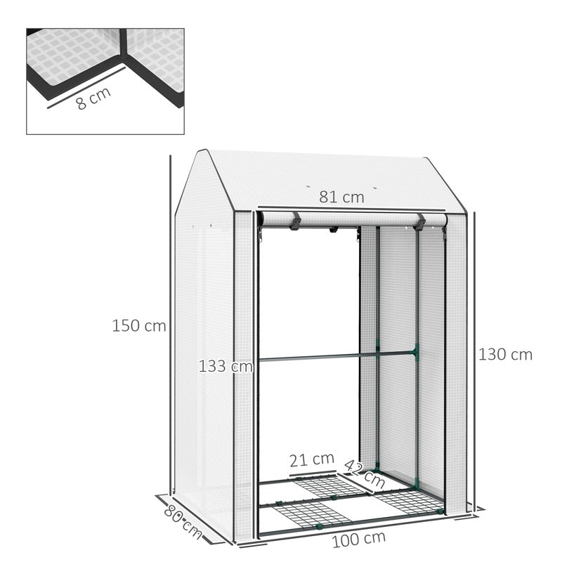 Outsunny Mini Greenhouse with 4 Wire Shelves Portable Garden Grow House Upgraded Tomato Greenhouse for Plants with Roll Up Door and Vents, 100 x 80 x 150cm, White