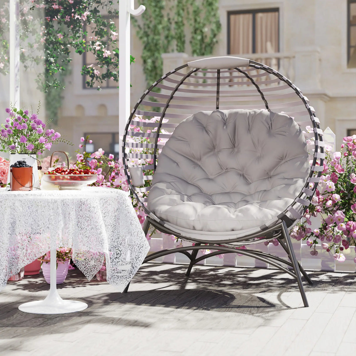 Outsunny Egg Chair with Cushion & Side Pocket - Light Grey