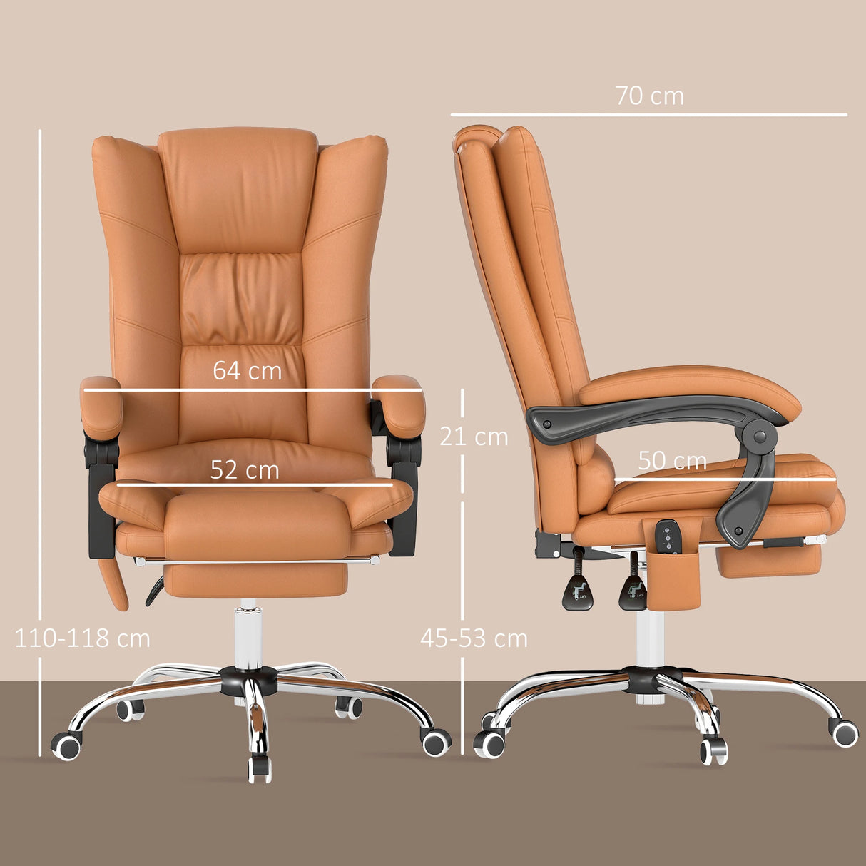 Vinsetto High Back Vibration Massage Office Chair, Heated Reclining PU Leather Computer Chair with 135 Reclining Back and Footrest, Light Brown
