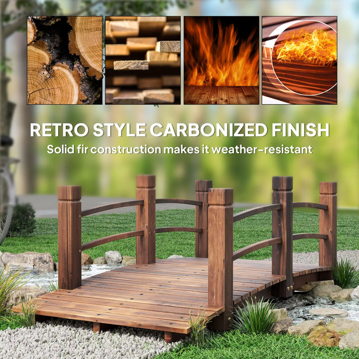 Outsunny 1.5M Wooden Garden Bridge Lawn Dcor Stained Finish Arc Outdoor Pond Walkway w/ Railings Water Yard Decoration