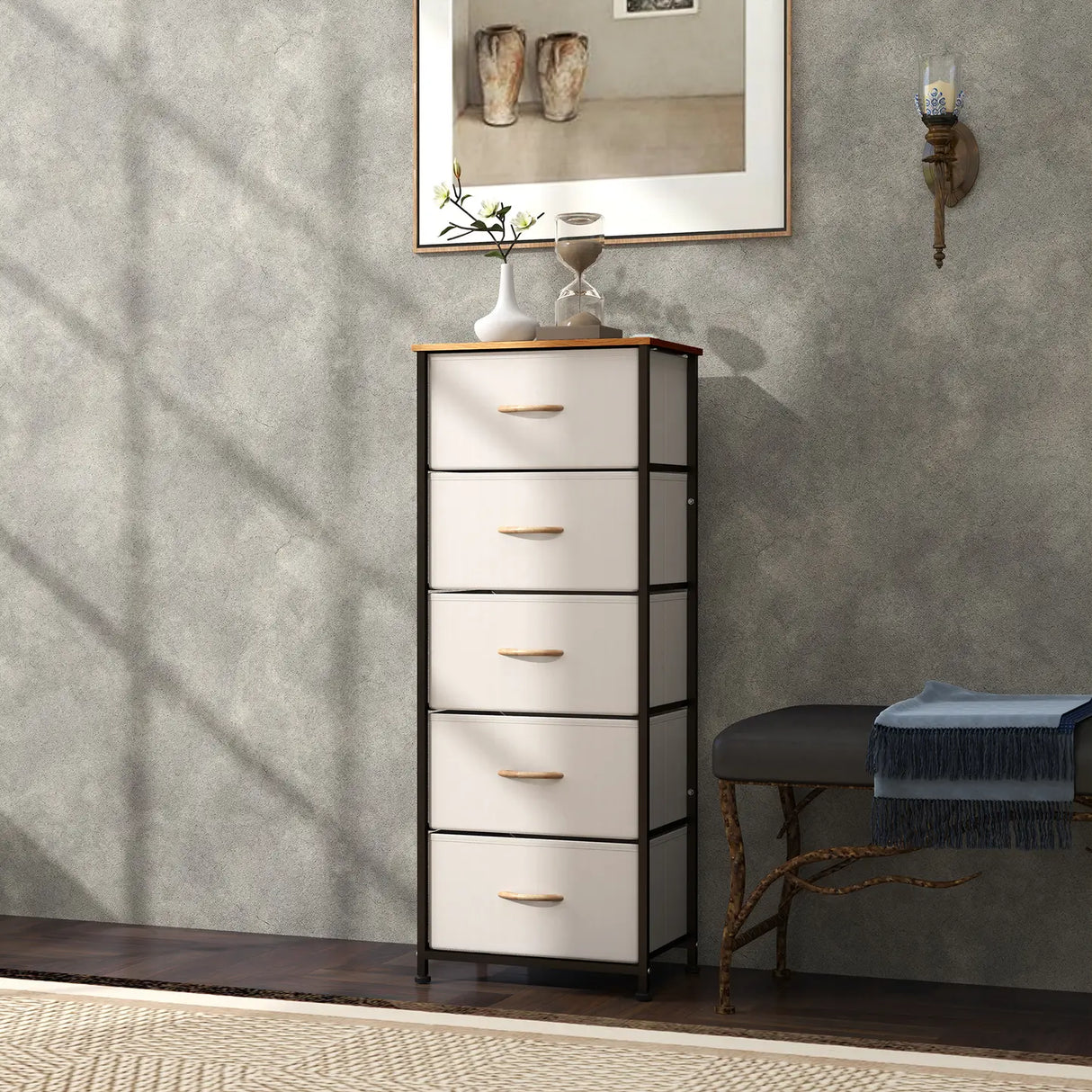 HOMCOM Fabric Chest of Drawers, Industrial Bedroom Dresser with 5 Fabric Drawers, Steel Frame and Wooden Top for Nursery, Living Room, Hallway, Cream White