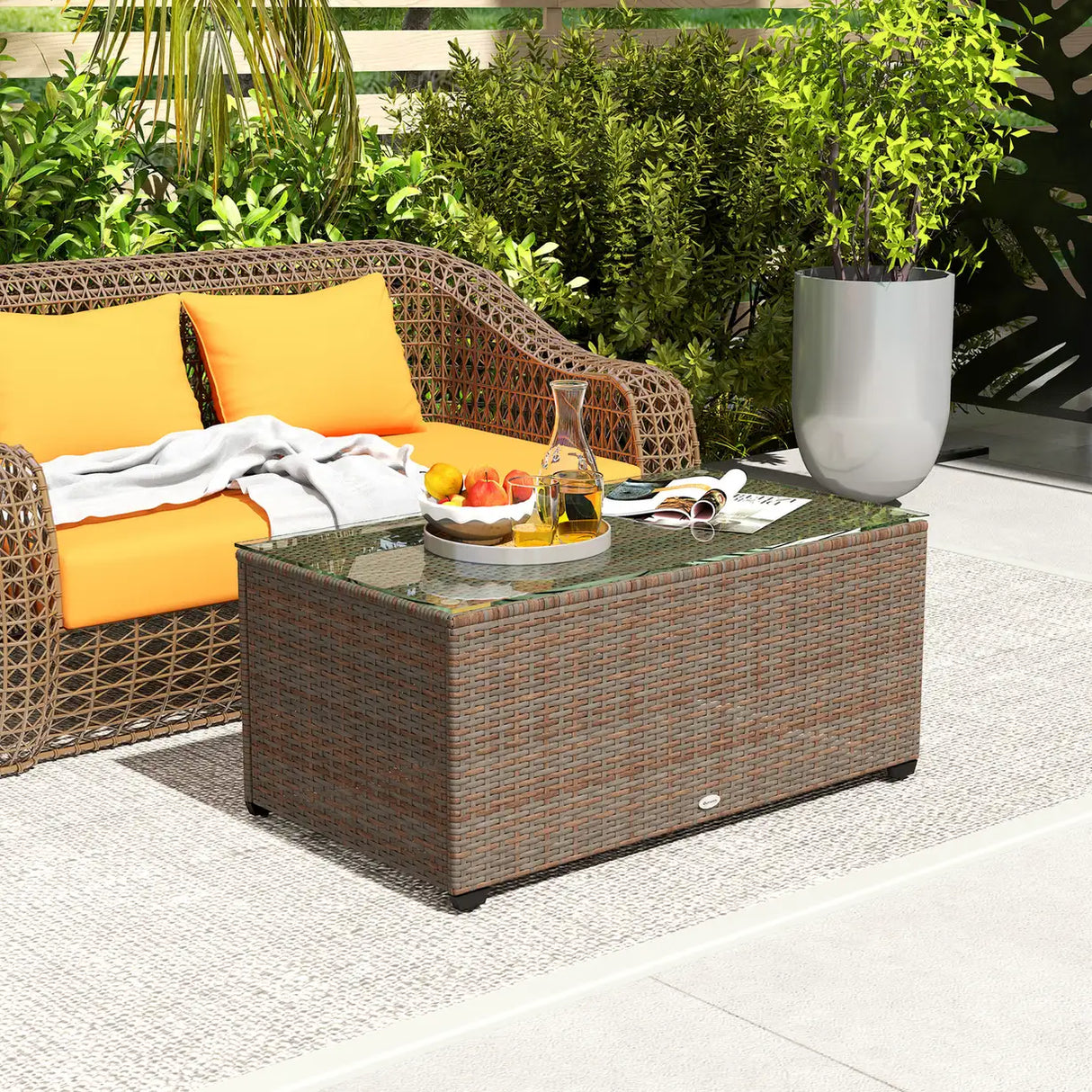 Outsunny 90 x 50cm Glass-Top Rattan Side Table - Brown