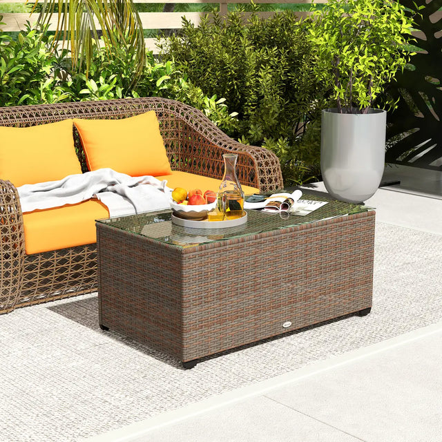 Outsunny 90 x 50cm Glass-Top Rattan Side Table - Brown
