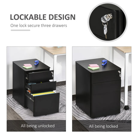 Vinsetto Lockable Cabinet, Rolling Filing Cabinet with 3 Drawers, Steel Office Drawer Unit for A4, Letter, Legal Sized Files