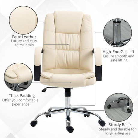 Vinsetto Office Chair, PU Leather Desk Chair with 13cm Soft Padded Seat and Backrest, Swivel Chair with Adjustable Height and Rolling Wheels, Beige