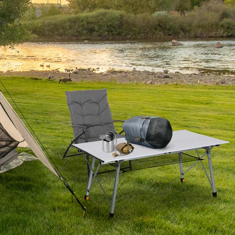 Outsunny 4FT Folding Aluminium Picnic Table Portable Camping BBQ Table Roll Up Top Mesh Layer Rack with Carrying Bag