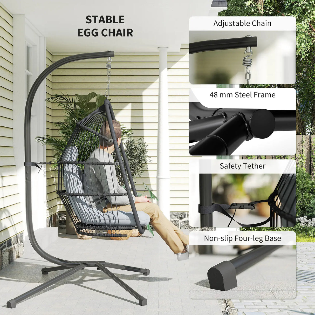 Outsunny Rattan Hanging Egg Chair with Stand, Foldable Wicker Swing Egg Chair with Cushion, Head Pillow, Steel Frame, Hammock Chair for Indoor Outdoor, Capacity 150 kg, Dark Grey