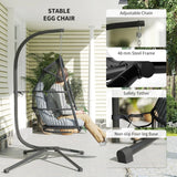 Outsunny Rattan Hanging Egg Chair with Stand, Foldable Wicker Swing Egg Chair with Cushion, Head Pillow, Steel Frame, Hammock Chair for Indoor Outdoor, Capacity 150 kg, Dark Grey