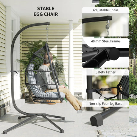 Outsunny Rattan Hanging Egg Chair with Stand, Foldable Wicker Swing Egg Chair with Cushion, Head Pillow, Steel Frame, Hammock Chair for Indoor Outdoor, Capacity 150 kg, Dark Grey
