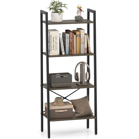 4-Tier Bookshelf with Metal Frame and Adjustable Foot Pads-Oak