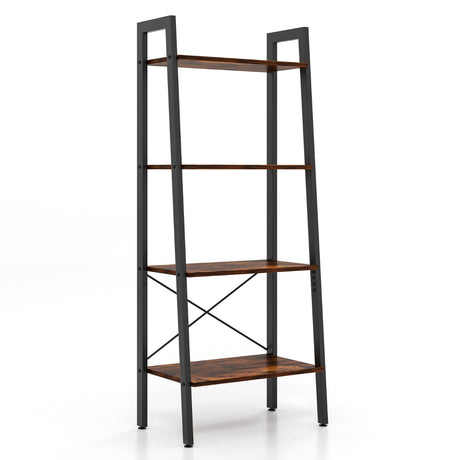 4-Tier Bookshelf with Metal Frame and Adjustable Foot Pads-Rustic Brown