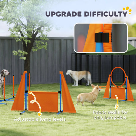 PawHut Seven-Piece Dog Agility Equipment Set with Weave Poles, Jump Ring, Hurdle, Pause Box, Carry Bag, Orange