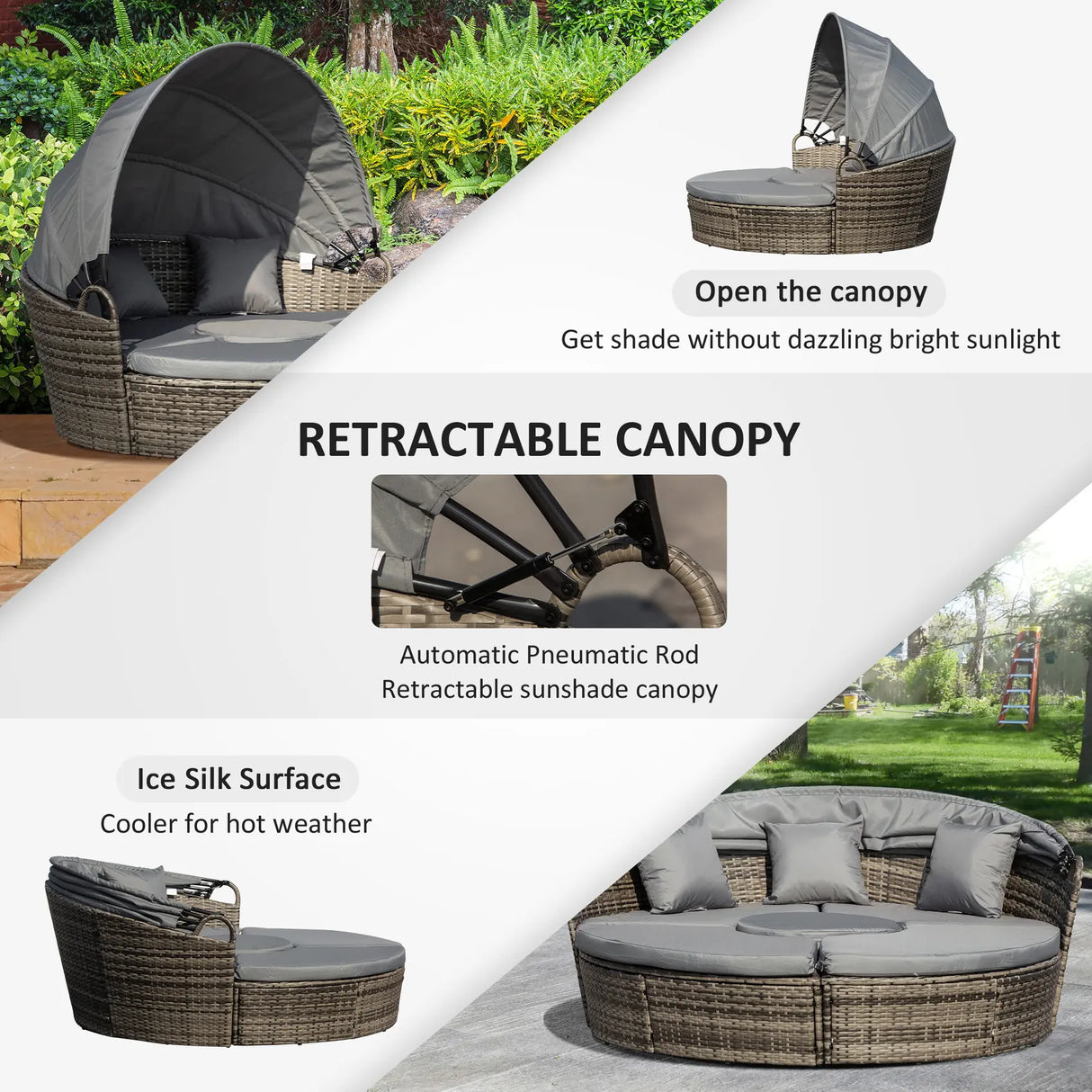 Outsunny Outdoor PE Rattan Garden Furniture with Cushioned, Patio Wicker Conversation Furniture Set, Round Daybed with Retractable Canopy, Coffee Table and Three Pillows, Dark Grey/Grey