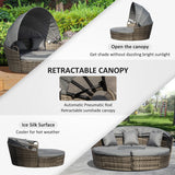 Outsunny Outdoor PE Rattan Garden Furniture with Cushioned, Patio Wicker Conversation Furniture Set, Round Daybed with Retractable Canopy, Coffee Table and Three Pillows, Dark Grey/Grey
