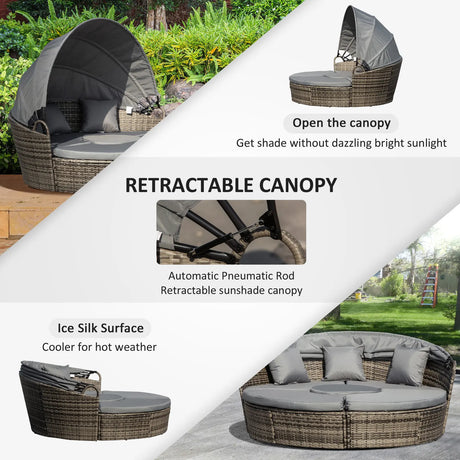 Outsunny Outdoor PE Rattan Garden Furniture with Cushioned, Patio Wicker Conversation Furniture Set, Round Daybed with Retractable Canopy, Coffee Table and Three Pillows, Dark Grey/Grey
