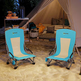 Outsunny Set of 2 Folding Beach Chair, Low Camping Chair with Mesh Back, Carry Bag and Cup Holder for Garden Outdoor Picnic Festival Travel, Blue