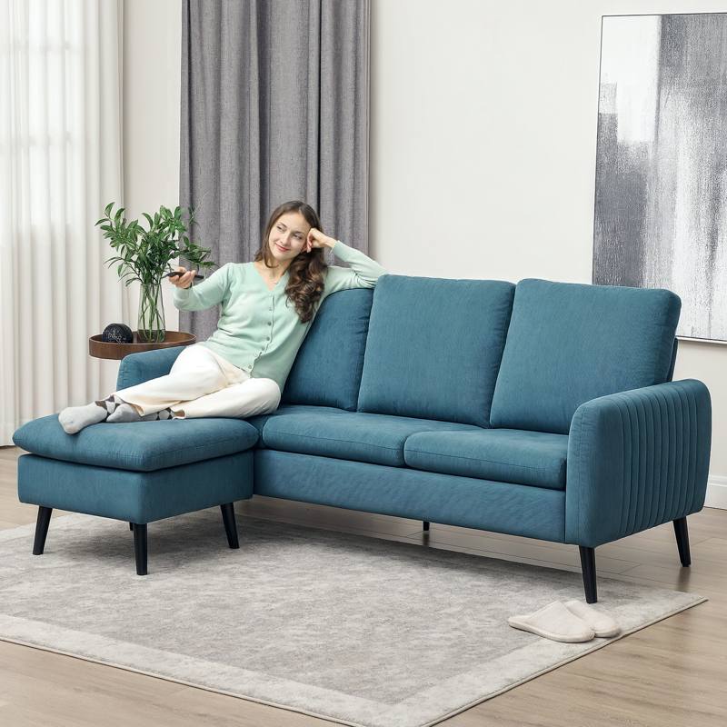 HOMCOM Corner Sofa with Reversible Chaise Lounge, Corduroy Fabric 3 Seater Sofa Settee for Living Room, L Shaped Couch with Scatter Back, Left/Right Hand, Blue