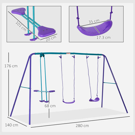 Outsunny Metal Swing Set, with Seesaw, Adjustable Height, for Ages 3+ Years, Purple