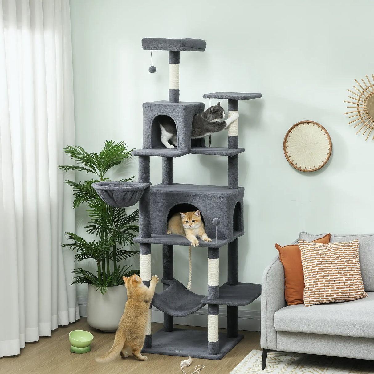 PawHut 202cm Large Cat Tree with 6 Scratching Posts, 2 Hammocks, 2 Condos, 2 Perches, Pompoms, for Indoor Cats to Rest and Play