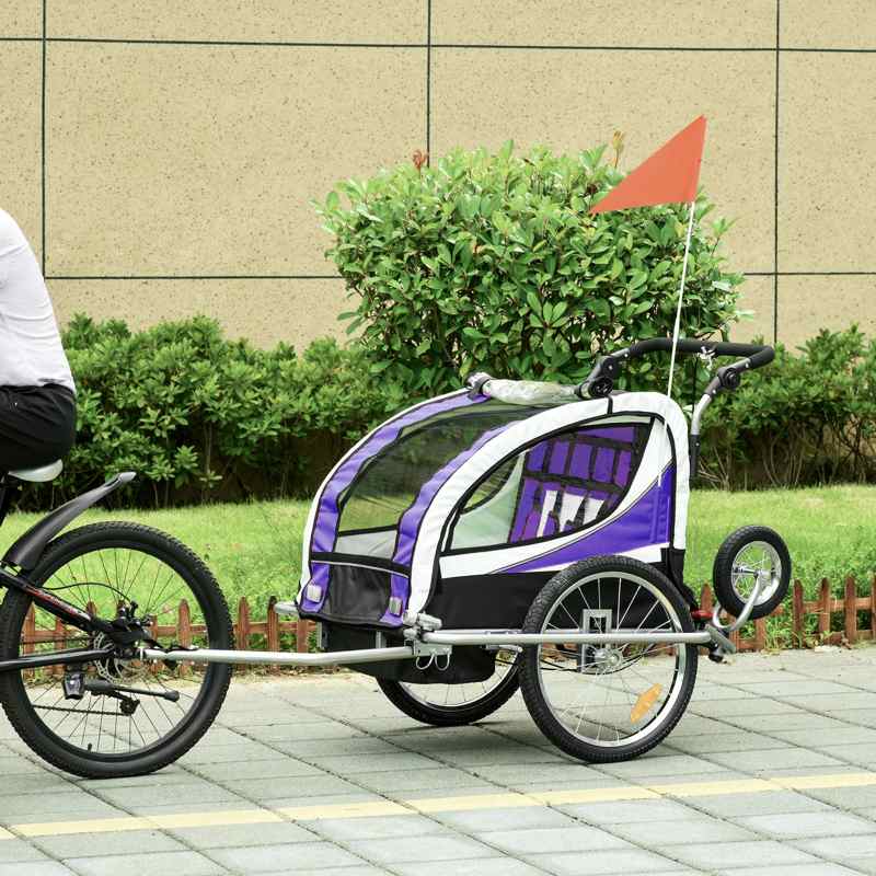 HOMCOM Child Bike Trailer Baby Bicycle Trailer 360° Rotatable for 2 Kids with Steel Frame LED Hitch Coupler Purple