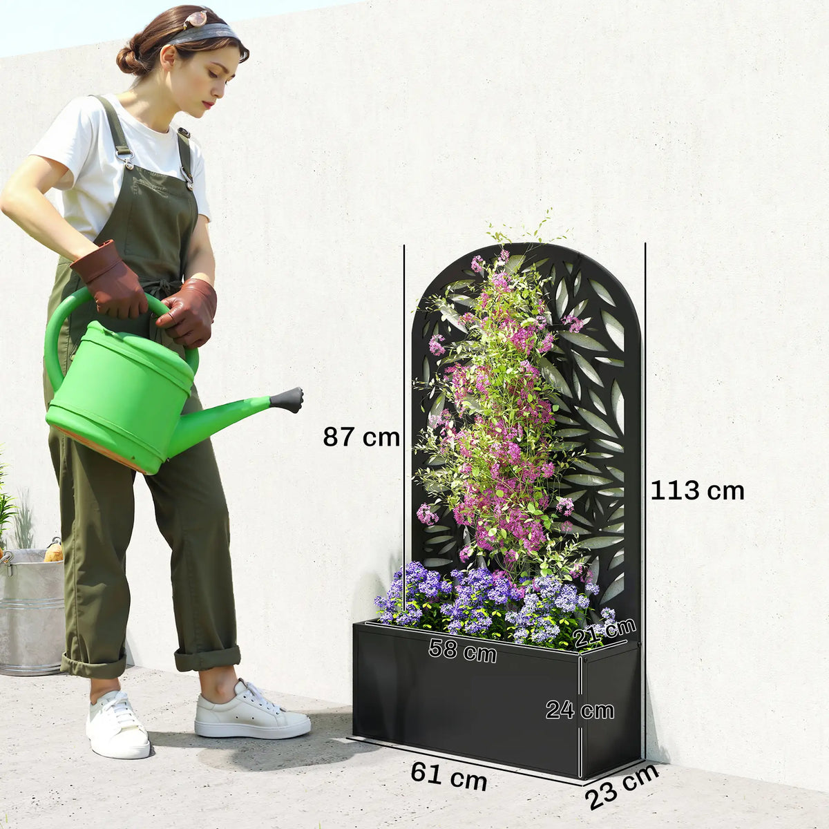 Outsunny Metal Garden Bed for Garden with Trellis, Wall Mounted or Freestanding Raised Planter with Curved Privacy Screen