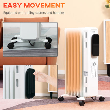 HOMCOM 1500W Oil Filled Radiator, 7 Fin Portable Electric Heater with LED Display, 24H Timer, 3 Heat Settings, Adjustable Thermostat, Safety Cut off, Remote Control, White