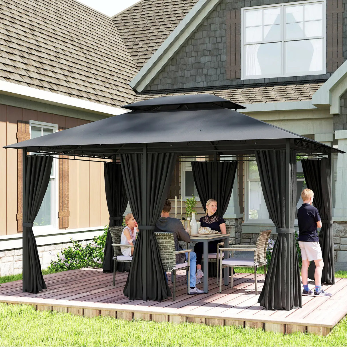 Outsunny 3 x 4m Steel Gazebo, with Curtains - Black