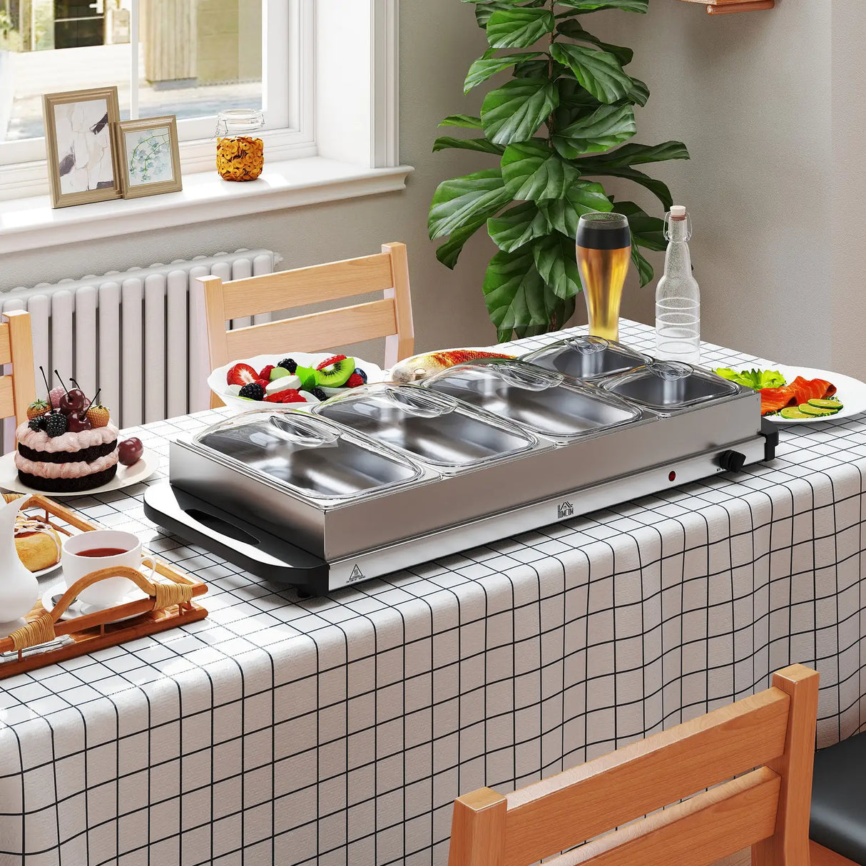 HOMCOM Electric Food Warmer 5 Tray, 9.2L Portable Buffet Server and Warming Tray with Lids, Adjustable Temperature Control and Cool Touch Handles, 450W, 3 x 2.4L and 2 x 1L, Silver Tone