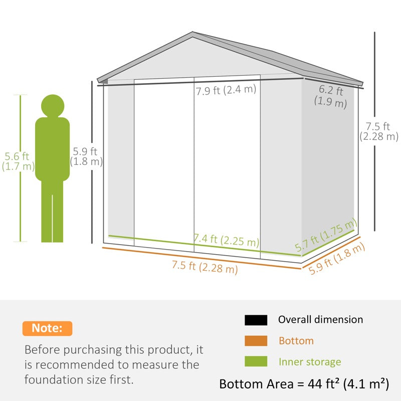 Outsunny 7.9ft x 6.2ft Aluminium Frame and Plastic Wall Shed, with Foundation - Grey