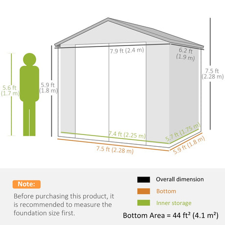 Outsunny 7.9ft x 6.2ft Aluminium Frame and Plastic Wall Shed, with Foundation - Grey