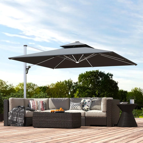 Outsunny 3(m) Garden Cantilever Parasol with Solar LED Lights, Cross Base, 360 Rotation, Crank Handle and Tilt, Grey